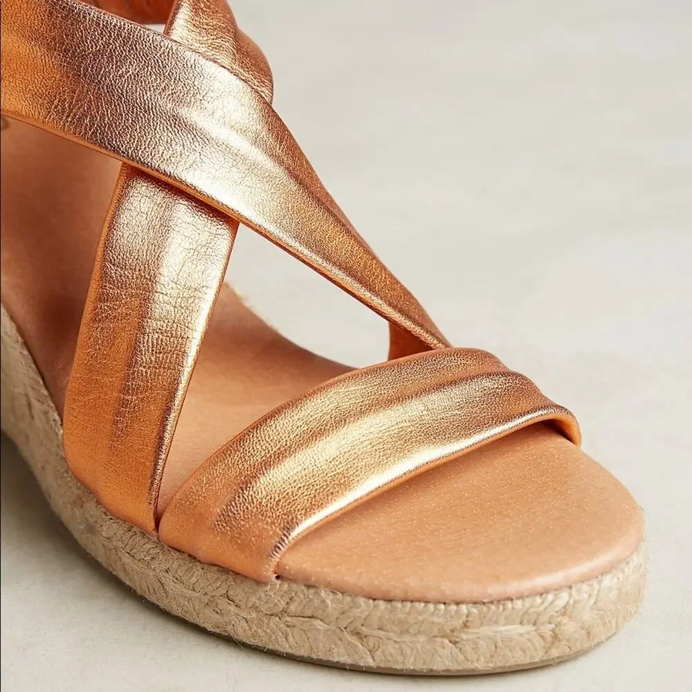 Anthropologie Pinaz‎ Espradilles Gold Copper Metallic Strappy Summer Heel 40